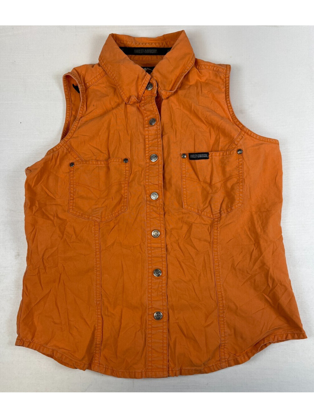 Vintage Harley-Davidson Women M Orange Button-Up Shirt Vest Wing Star Logo